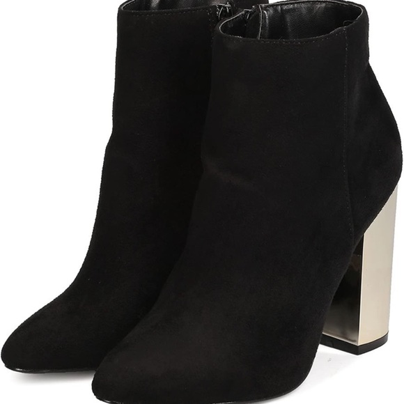 Suede - Faux Women Metallic Gold Block Heel Ankle Bootie - Picture 2 of 9